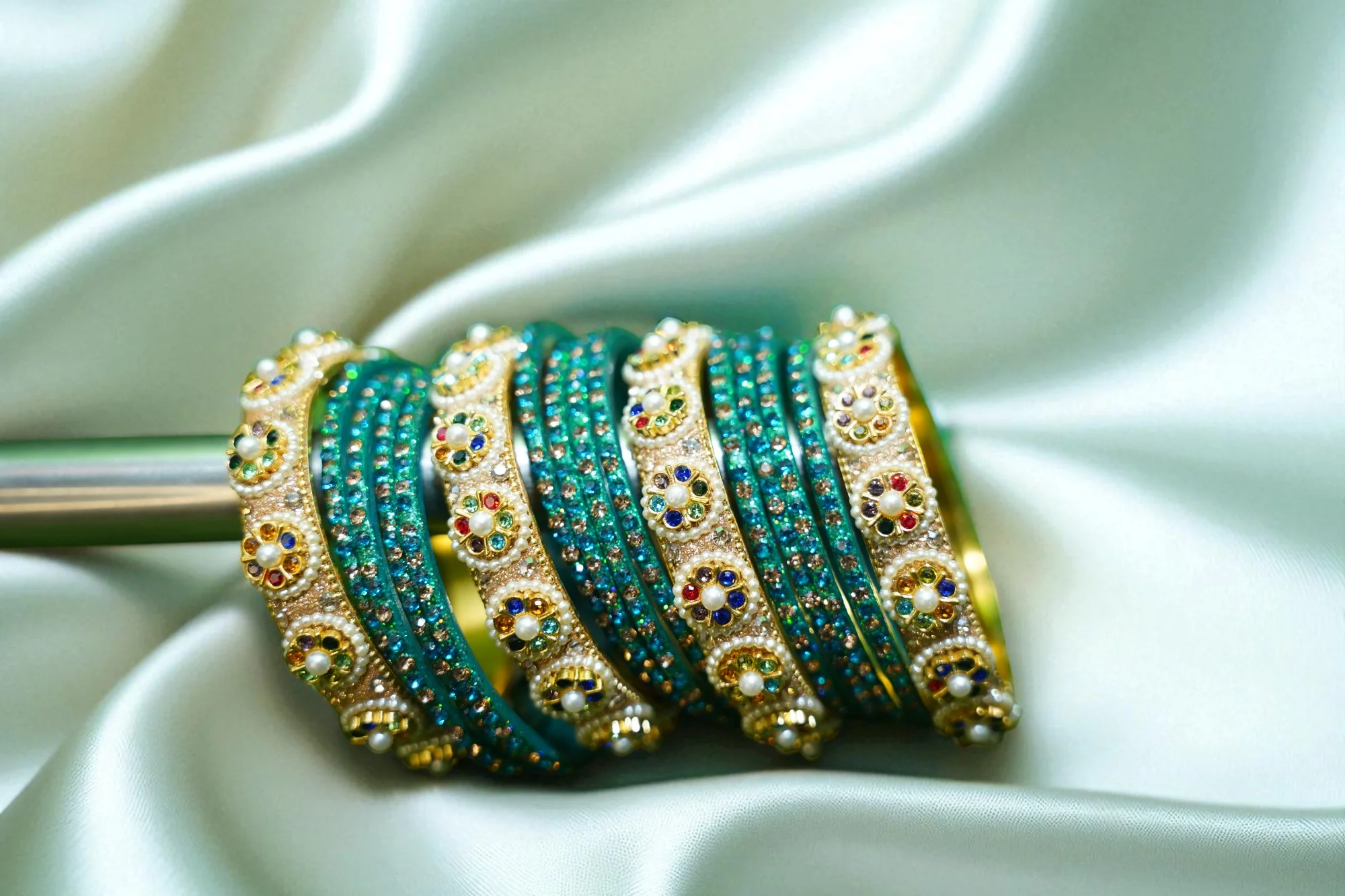 Nari Nakhre Royal Gold-Plated Emerald Green Kada (Set of 4)