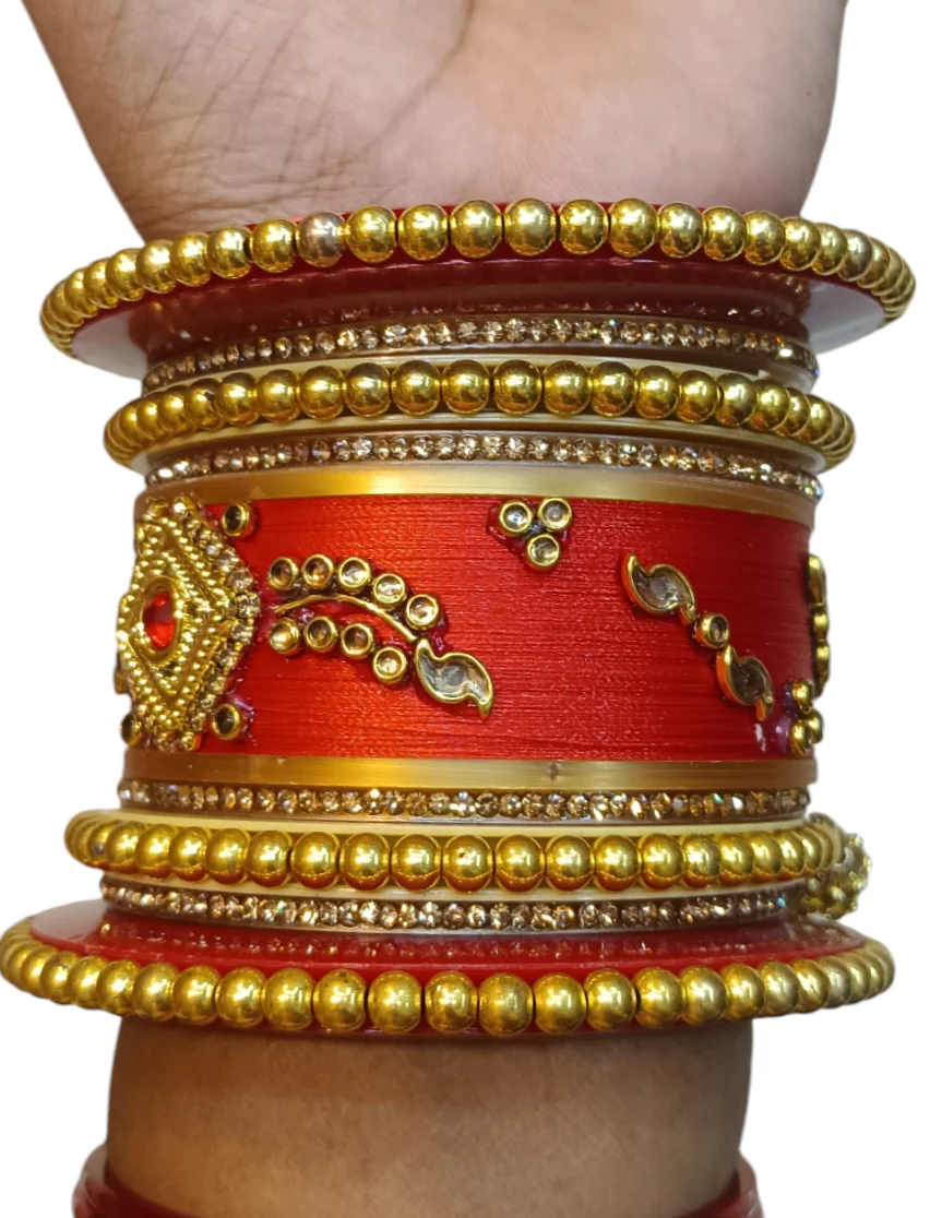 Nari Nakhre Emerald Green & Gold Stone Bangle Set